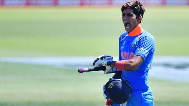 India's Shubham Gill celebrates 100 runs during the U-19 semi-final cricket World Cup match between India and Pakistan at Hagley Oval in Christchurch, New Zealand on January 30, 2018. (Marty Melville / AFP) India's Shubham Gill celebrates 100 runs during the U-19 semi-final cricket World Cup match between India and Pakistan at Hagley Oval in Christchurch, New Zealand on January 30, 2018. (Marty Melville / AFP)