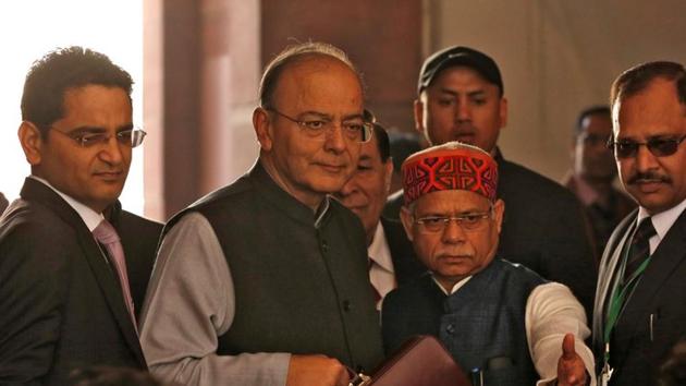 India's Finance Minister Arun Jaitley holds his briefcase as he arrives at the parliament to present the federal budget in New Delhi, India, February 1, 2018. (REUTERS) India's Finance Minister Arun Jaitley holds his briefcase as he arrives at the parliament to present the federal budget in New Delhi, India, February 1, 2018. (REUTERS)