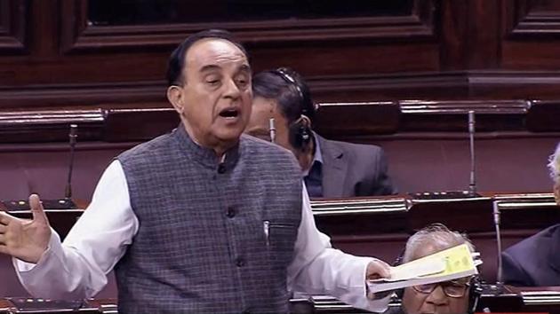 BJP MP Subramanian Swamy speaks in the Rajya Sabha, during the ongoing budget session of Parliament, in New Delhi on February 2.(PTI Photo)