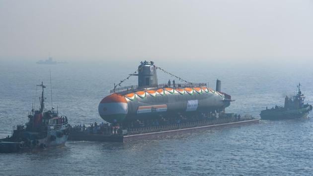 The third Scorpene-class submarine ‘Karanj’ was launched at Mazgaon Dock, Mumbai on January 31, 2018. Karanj is the third of the six Scorpene-class submarines being built by shipbuilder Mazagon Dock Limited (MDL) under the P-75I project. (Pratik Chorge / HT Photo) The third Scorpene-class submarine ‘Karanj’ was launched at Mazgaon Dock, Mumbai on January 31, 2018. Karanj is the third of the six Scorpene-class submarines being built by shipbuilder Mazagon Dock Limited (MDL) under the P-75I project. (Pratik Chorge / HT Photo)