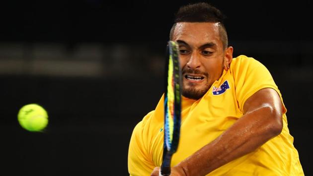 Nick Kyrgios of Australia hits a return to Jan-Lennard Struff of Germany during their men's singles second round tennis match of the Davis Cup World Group tie at the Pat Rafter Arena in Brisbane on Friday. (AFP) Nick Kyrgios of Australia hits a return to Jan-Lennard Struff of Germany during their men's singles second round tennis match of the Davis Cup World Group tie at the Pat Rafter Arena in Brisbane on Friday. (AFP)