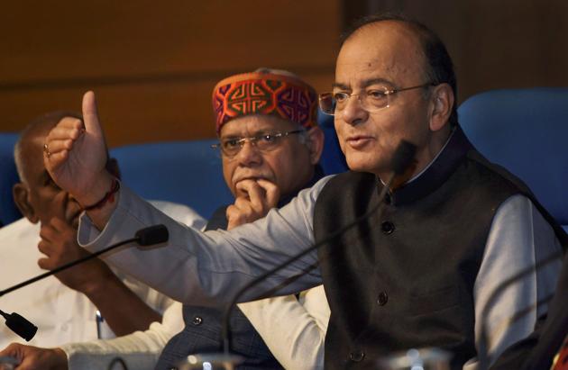 New Delhi: Union Minister for Finance and Corporate Affairs Arun Jaitley with the Minister of State for Finance Shiv Pratap Shukla addresses a press conference after Union Budget 2018-19 presentation, in New Delhi on Thursday. (PTI) New Delhi: Union Minister for Finance and Corporate Affairs Arun Jaitley with the Minister of State for Finance Shiv Pratap Shukla addresses a press conference after Union Budget 2018-19 presentation, in New Delhi on Thursday. (PTI)