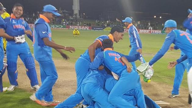 Indian players celebrate after beating Australia by eight wickets to win the ICC Under-19 Cricket World Cup for a record fourth time. (Twitter/cricketworldcup) Indian players celebrate after beating Australia by eight wickets to win the ICC Under-19 Cricket World Cup for a record fourth time. (Twitter/cricketworldcup)