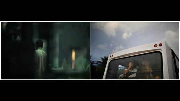 A lone prisoner walks along a dark cellblock (L), while a group of passengers ride the local bus. (Carlos Barria / REUTERS) A lone prisoner walks along a dark cellblock (L), while a group of passengers ride the local bus. (Carlos Barria / REUTERS)
