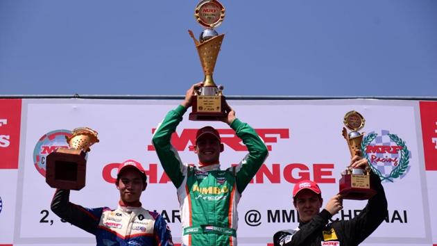 Presley Martono, Rinus van Kalmthout and Felipe Drugovich (L-R) on the podium in Chennai. (HT Photo) Presley Martono, Rinus van Kalmthout and Felipe Drugovich (L-R) on the podium in Chennai. (HT Photo)