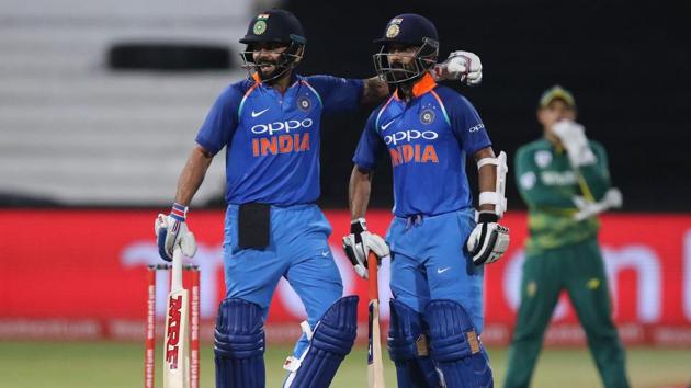 India batsmen Virat Kohli (L) and Ajinkya Rahane led them to victory against South Africa in the first ODI at Kingsmead in Durban.(AFP)