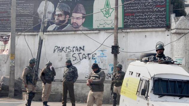 Security personnel stands guard outside Mirwaiz Manzil during curfew-like restrictions imposed to maintain law and order in response to a strike call by joint Hurriyat leaders in Srinagar on January 13.(PTI File Photo) Security personnel stands guard outside Mirwaiz Manzil during curfew-like restrictions imposed to maintain law and order in response to a strike call by joint Hurriyat leaders in Srinagar on January 13.(PTI File Photo)