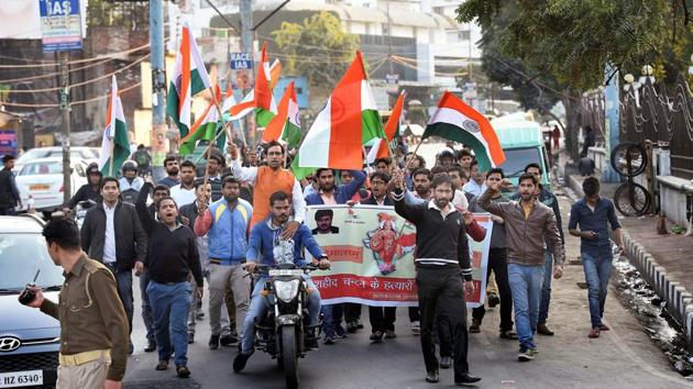 Youths march in Lucknow on Friday to demand action against the killers of Chandan Gupta, who lost his life in Kasganj violence on Republic Day. (PTI Photo) Youths march in Lucknow on Friday to demand action against the killers of Chandan Gupta, who lost his life in Kasganj violence on Republic Day. (PTI Photo)
