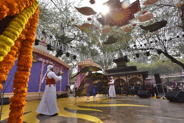 Artistes from Egypt perform at the Surajkund fair in Faridabad.