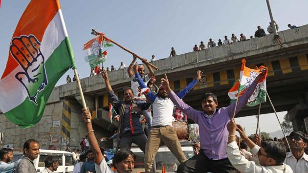 Congress supporters celebrate in Ajmer on February 1.(File)