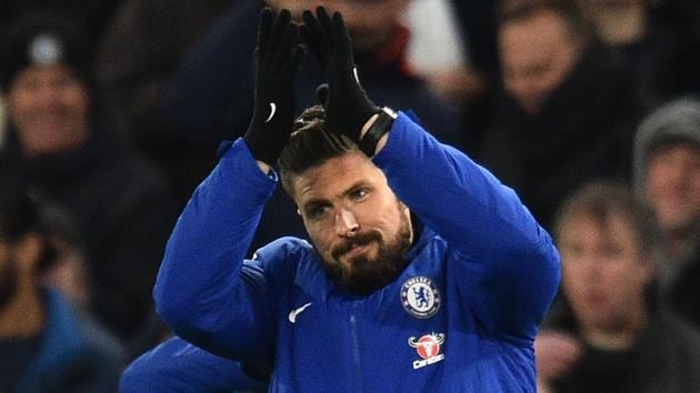 Newly signed Chelsea striker Olivier Giroud gestures to fans during the English Premier League football match against Bournemouth at Stamford Bridge in London on January 31. (AFP) Newly signed Chelsea striker Olivier Giroud gestures to fans during the English Premier League football match against Bournemouth at Stamford Bridge in London on January 31. (AFP)