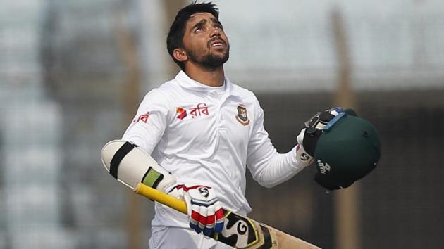 Bangladesh's Mominul Haque celebrates his hundred runs during the fifth and final day of the first Test against Sri Lanka in Chittagong, Bangladesh, Sunday, Feb. 4, 2018.(AP)