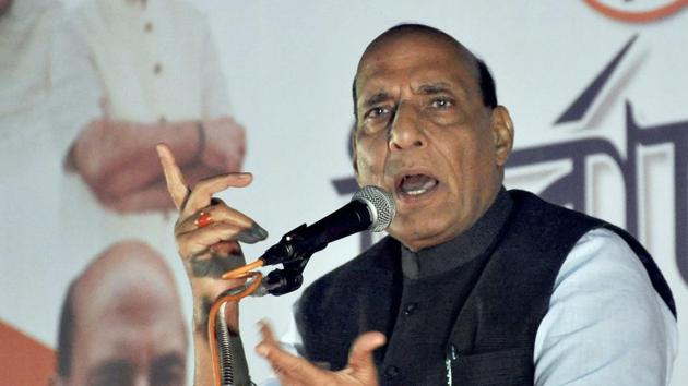 Home minister Rajnath Singh addresses a gathering during the Tripura assembly election campaign in Agartala on Saturday. (PTI) Home minister Rajnath Singh addresses a gathering during the Tripura assembly election campaign in Agartala on Saturday. (PTI)