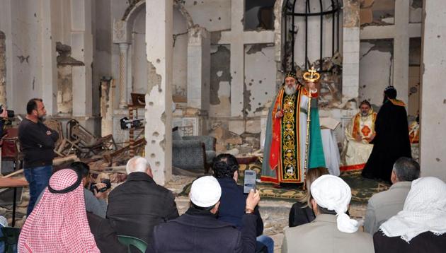 Syriac Orthodox Patriarch of Antioch, Ignatius Aphrem II, gives a sermon during mass at the heavily damaged Syriac Orthodox church of St. Mary in Syria's eastern city of Deir Ezzor on February 3, 2018. (AFP) Syriac Orthodox Patriarch of Antioch, Ignatius Aphrem II, gives a sermon during mass at the heavily damaged Syriac Orthodox church of St. Mary in Syria's eastern city of Deir Ezzor on February 3, 2018. (AFP)
