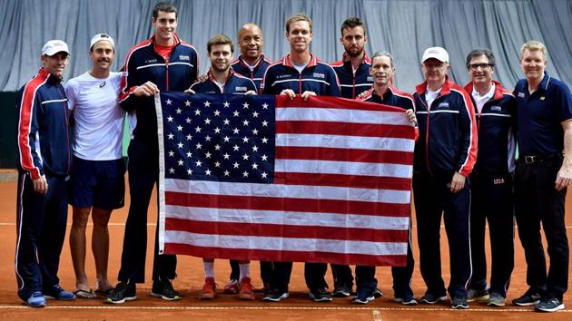 United States Davis Cup team poses for a group picture after winning the World Group first round tie against Serbia at the Cair sports hall in Nis on Saturday. (AFP) United States Davis Cup team poses for a group picture after winning the World Group first round tie against Serbia at the Cair sports hall in Nis on Saturday. (AFP)