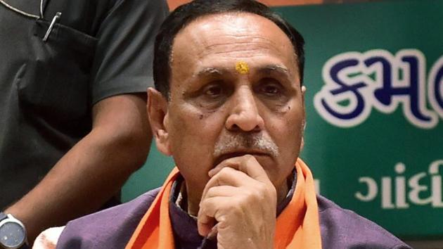 Vijay Rupani at the BJP party office in Gandhinagar, Ahmedabad.(PTI)