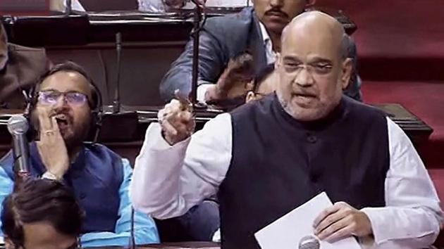 BJP president Amit Shah speaks in the Rajya Sabha in New Delhi on Monday.(PTI Photo)