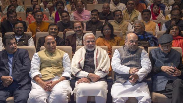 Prime Minister Narendra Modi, BJP president Amit Shah, home minister Rajnath Singh, senior BJP leader LK Advani and other leaders attend a BJP parliamentary party meeting, during the Budget session of Parliament in New Delhi. (PTI) Prime Minister Narendra Modi, BJP president Amit Shah, home minister Rajnath Singh, senior BJP leader LK Advani and other leaders attend a BJP parliamentary party meeting, during the Budget session of Parliament in New Delhi. (PTI)