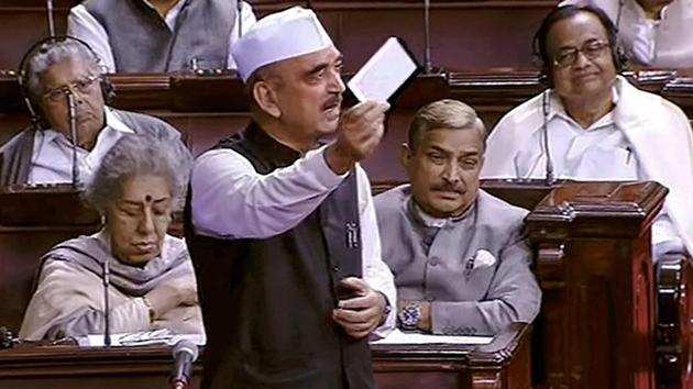 Congress leader Ghulam Nabi Azad speaks in the Rajya Sabha in New Delhi on Monday.(PTI Photo)
