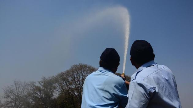 The water comes out with such thrust that it can easily reach the higher floors of any building in case of an emergency. (Shankar Narayan/HT PHOTO) The water comes out with such thrust that it can easily reach the higher floors of any building in case of an emergency. (Shankar Narayan/HT PHOTO)