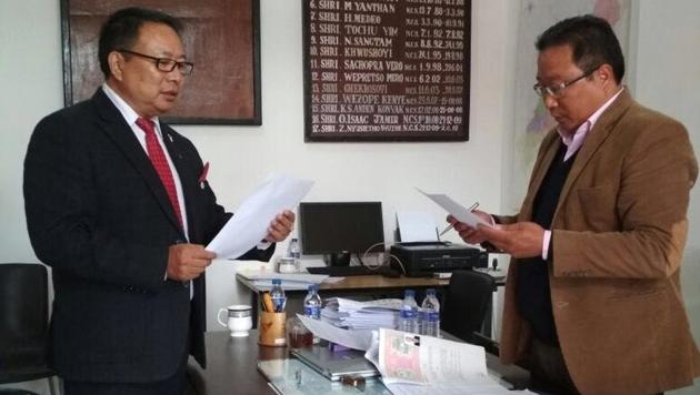 Naga People’s Front candidate from Phek, KA Nieno, filing his nomination papers on Tuesday. (HT Photo) Naga People’s Front candidate from Phek, KA Nieno, filing his nomination papers on Tuesday. (HT Photo)