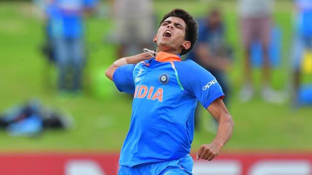 Kamlesh Nagarkoti celebrates during the Under-19 World Cup final between India and Australia at Bay Oval in Mount Maunganui.(AFP)