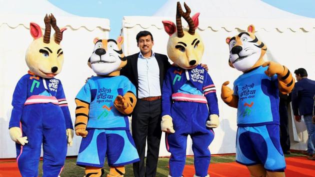 Sports Minister Col. Rajyavardhan Singh Rathore with Khelo India School Games mascots in New Delhi. (PTI) Sports Minister Col. Rajyavardhan Singh Rathore with Khelo India School Games mascots in New Delhi. (PTI)