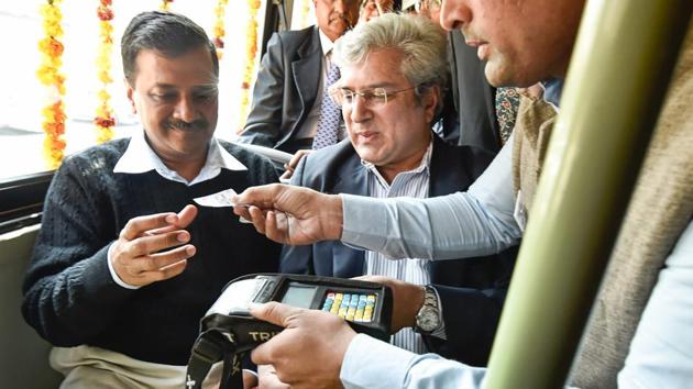 Delhi CM Arvind Kejriwal and Transport Minister Kailash Gahlot at the launch of the pilot project for Delhi Common Mobility Card (PTI) Delhi CM Arvind Kejriwal and Transport Minister Kailash Gahlot at the launch of the pilot project for Delhi Common Mobility Card (PTI)