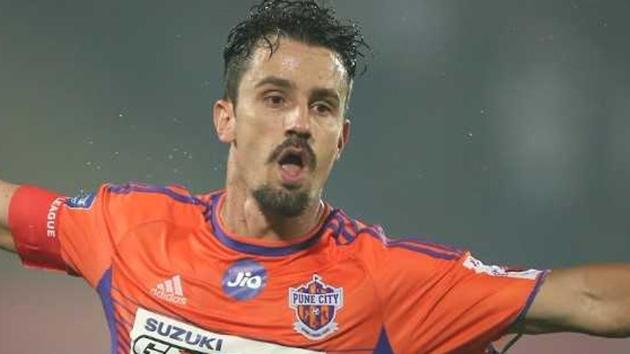Marcelinho celebrates after scoring for FC Pune City against NorthEast United FC in the Indian Super League (ISL) on Wednesday.(ISL)