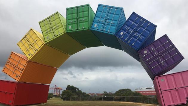 Rainbow Sea Container, an installation made with nine customised shipping containers by Marcus Canning, brightens up the port town of Fremantle, in Western Australia.(Photo: Sonal Kalra/HT)