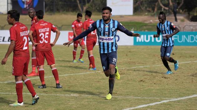 Gagandeep Bali celebrates after scoring for Minerva Punjab FC against Shillong Lajong in the I-League on Wednesday.(AIFF)