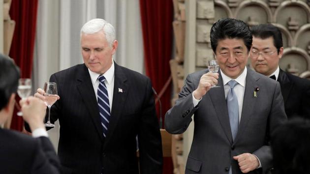US Vice President Mike Pence and Japan's Prime Minister Shinzo Abe make a toast during a banquet hosted by Abe at the prime minister's official residence in Tokyo, Japan. (REUTERS) US Vice President Mike Pence and Japan's Prime Minister Shinzo Abe make a toast during a banquet hosted by Abe at the prime minister's official residence in Tokyo, Japan. (REUTERS)