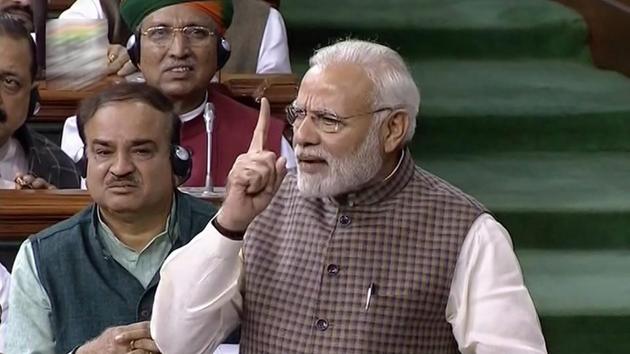 Prime Minister Narendra Modi replied to the debate on the motion of thanks to the president’s address in the Lok Sabha on Wednesday. The Congress party ignored the nation to “serve one family”, said Prime Minister Narendra Modi as some Opposition MPs shouted slogans against him. (PTI) Prime Minister Narendra Modi replied to the debate on the motion of thanks to the president’s address in the Lok Sabha on Wednesday. The Congress party ignored the nation to “serve one family”, said Prime Minister Narendra Modi as some Opposition MPs shouted slogans against him. (PTI)