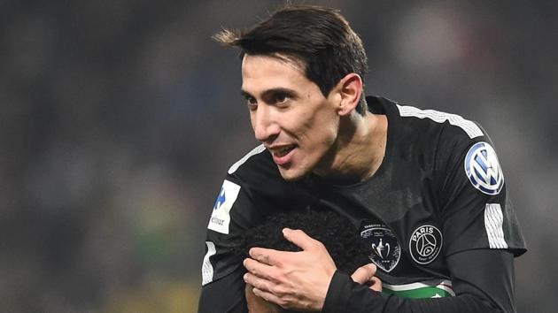 Paris Saint-Germain's Argentinian forward Angel Di Maria (TOP) is congratulated by Paris Saint-Germain's French defender Presnel Kimpembe after scoring during the French Cup football match between Sochaux (FCSM) and Paris Saint-Germain (PSG) on February 6, 2018 at the Auguste Bonal Stadium in Montbeliard, eastern France. (AFP) Paris Saint-Germain's Argentinian forward Angel Di Maria (TOP) is congratulated by Paris Saint-Germain's French defender Presnel Kimpembe after scoring during the French Cup football match between Sochaux (FCSM) and Paris Saint-Germain (PSG) on February 6, 2018 at the Auguste Bonal Stadium in Montbeliard, eastern France. (AFP)