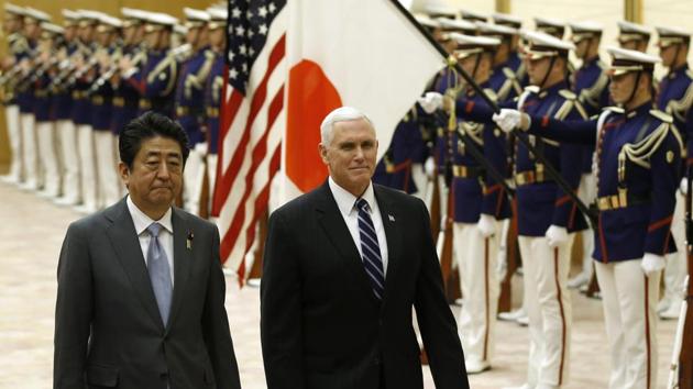 US Vice President Mike Pence with Japanese Prime Minister Shinzo Abe, left, reviews an honor guard before their meeting at Abe's official residence in Tokyo Wednesday, Feb. 7, 2018. Pence is seeking to reassure and refocus American allies on the growing nuclear threat from North Korea with visits to Japan and South Korea this week. (AP Photo) US Vice President Mike Pence with Japanese Prime Minister Shinzo Abe, left, reviews an honor guard before their meeting at Abe's official residence in Tokyo Wednesday, Feb. 7, 2018. Pence is seeking to reassure and refocus American allies on the growing nuclear threat from North Korea with visits to Japan and South Korea this week. (AP Photo)