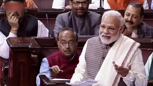 Prime Minister Narendra Modi speaks in the Rajya Sabha in New Delhi on Wednesday. PTI Photo / TV Grab Prime Minister Narendra Modi speaks in the Rajya Sabha in New Delhi on Wednesday. PTI Photo / TV Grab