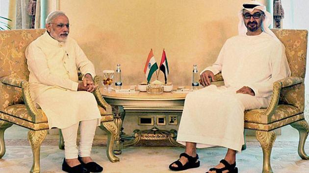Prime Minister Narendra Modi with the crown prince of Abu Dhabi, Sheikh Mohammed bin Zayed Al Nahyan, at a meeting in Abu Dhabi, UAE in August 2015. (PTI File Photo) Prime Minister Narendra Modi with the crown prince of Abu Dhabi, Sheikh Mohammed bin Zayed Al Nahyan, at a meeting in Abu Dhabi, UAE in August 2015. (PTI File Photo)