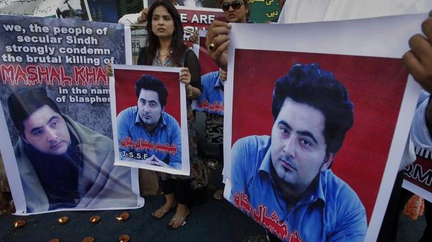 In this April 22, 2017 file photo, members of a Pakistani civil society group demonstrate against the killing of university student Mashal Khan in the northwestern city of Mardan. (AP) In this April 22, 2017 file photo, members of a Pakistani civil society group demonstrate against the killing of university student Mashal Khan in the northwestern city of Mardan. (AP)