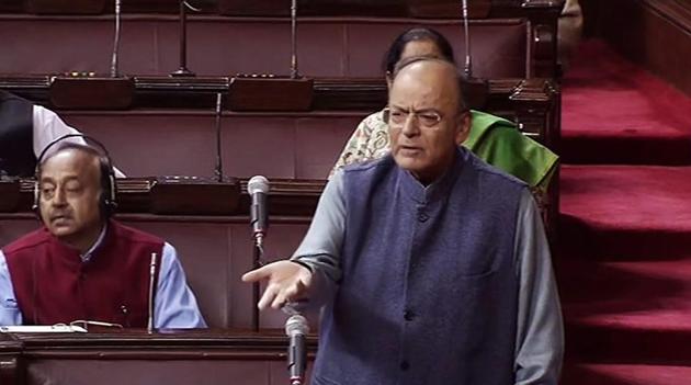 Finance minister Arun Jaitley speaks in the Rajya Sabha in New Delhi on Wednesday.(PTI Photo)