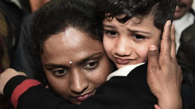 Five-year-old Vihaan Gupta, after being reunited with his mother in Delhi. (Sonu Mehta/HT PHOTO) Five-year-old Vihaan Gupta, after being reunited with his mother in Delhi. (Sonu Mehta/HT PHOTO)