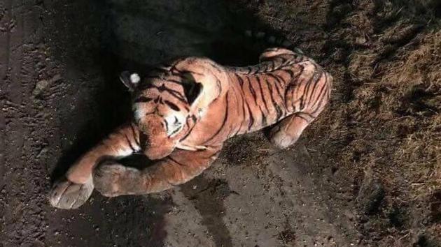 The stuffed tiger found at a farm in Scotland.(Facebook/UK Cop Humour)