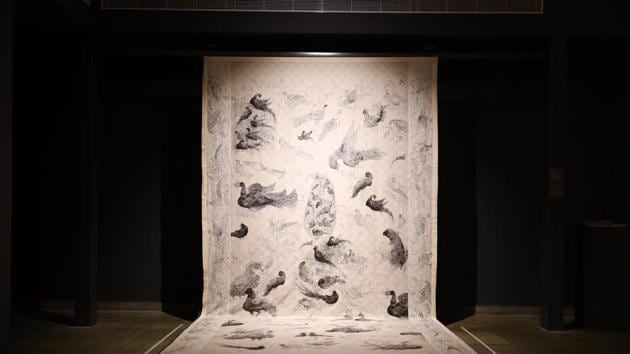 Screen-printed panel with birds in cotton from Tamil Nadu.(A search in five directions)
