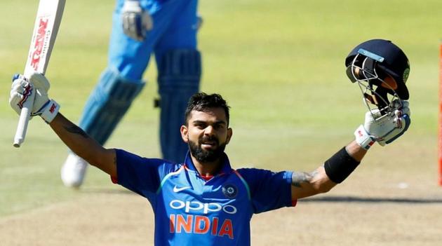 Indian cricket team skipper Virat Kohli celebrates his century in the third ODI against South Africa cricket team at Newlands Stadium in Cape Town on Wednesday.(REUTERS)
