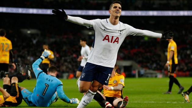 Tottenham Hotspur's Argentinian midfielder Erik Lamela celebrates after scoring his side’s second goal in the English FA Cup fourth round replay match against Newport County at Wembley Stadium in London on Wednesday.(AFP)