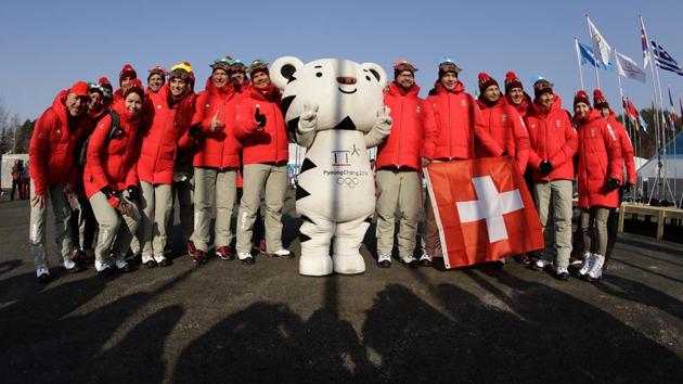The Swiss Olympic team poses for a photo after a welcoming ceremony at the Pyeongchang Olympic Village. (AP) The Swiss Olympic team poses for a photo after a welcoming ceremony at the Pyeongchang Olympic Village. (AP)