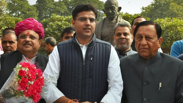 Rajasthan Congress president Sachin Pilot with newly elected party MPs Karan Singh Yadav and Raghu Sharma at Parliament House in New Delhi. (PTI) Rajasthan Congress president Sachin Pilot with newly elected party MPs Karan Singh Yadav and Raghu Sharma at Parliament House in New Delhi. (PTI)