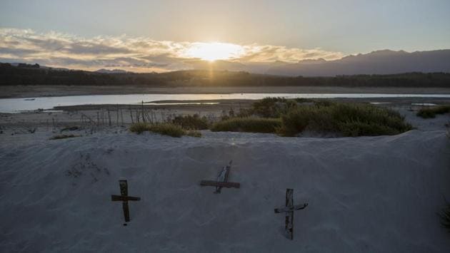 Cape Town's main water supply from the Theewaterskloof dam outside Grabouw, is seen here largely empty. City authorities said Monday that the reprieve is due to an anticipated decline in agricultural use of water because many farms in the Western Cape Province, which Cape town is a part of have already used up their allotted reserves. (Bram Janssen / AP) Cape Town's main water supply from the Theewaterskloof dam outside Grabouw, is seen here largely empty. City authorities said Monday that the reprieve is due to an anticipated decline in agricultural use of water because many farms in the Western Cape Province, which Cape town is a part of have already used up their allotted reserves. (Bram Janssen / AP)