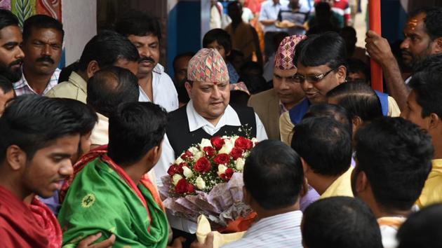 Nepal’s last king Gyanendra Bir Bikram Shah Dev (C) visited Lord Lingaraj temple in Bhubaneswar, Odisha. He arrived in Odisha yesterday on a six-day visit to attend various religious programmes. (Arabinda Mahapatra / HT Photo) Nepal’s last king Gyanendra Bir Bikram Shah Dev (C) visited Lord Lingaraj temple in Bhubaneswar, Odisha. He arrived in Odisha yesterday on a six-day visit to attend various religious programmes. (Arabinda Mahapatra / HT Photo)