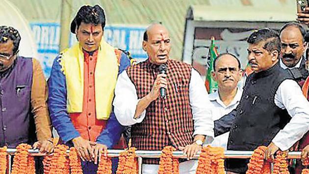 Home minister Rajnath Singh addresses a gathering during a rally in Agartala. The BJP has unleashed a campaign blitzkrieg across the Bengali and tribal belt ahead of polls. (PTI File Photo) Home minister Rajnath Singh addresses a gathering during a rally in Agartala. The BJP has unleashed a campaign blitzkrieg across the Bengali and tribal belt ahead of polls. (PTI File Photo)