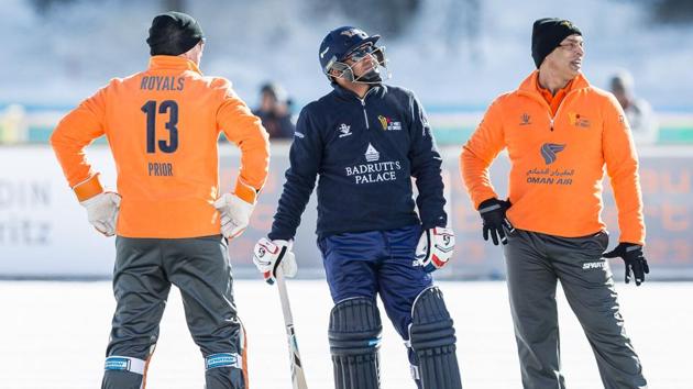 Virender Sehwag blasted 62 off 31 balls but his side Palace Diamonds lost in the first game of the Ice cricket challenge in St Moritz with a loss to the Shahid Afridi-led Royals. (HT Photo) Virender Sehwag blasted 62 off 31 balls but his side Palace Diamonds lost in the first game of the Ice cricket challenge in St Moritz with a loss to the Shahid Afridi-led Royals. (HT Photo)
